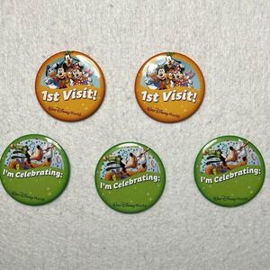 Walt Disney World Buttons Lot Of 5 Button, 2 "1st Visit!" 3 "I'm Celebrating"
